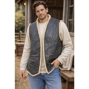 handmade Gray Beige Leather Patchwork Vest Contrast Stitching size L